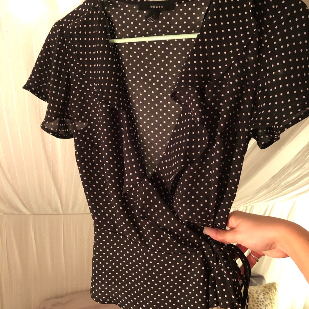 polka dot ruffle wrap top
